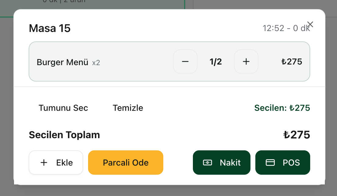 YEMEAL Masa Hesap Kapatma
